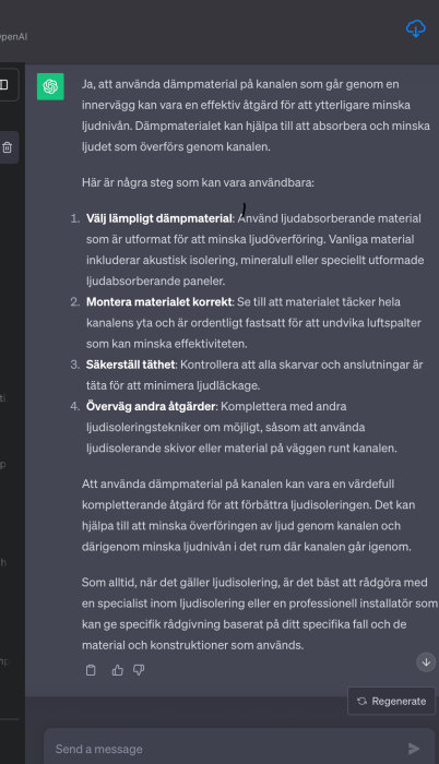 Skärmdump av en text om ljudisolering och damping i ett chattgränssnitt på en digital enhet.