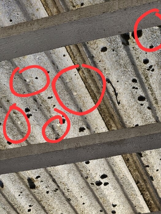 Träkonstruktion med skuggor, röda cirklar markerar okända punkter på solbelyst yta.