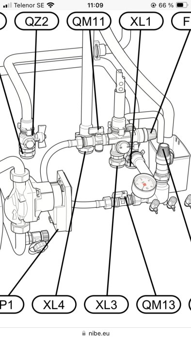 Det är en schematisk illustration av rör och ventiler med etiketter, förmodligen från en manual.