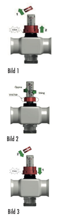 Instruktioner för användning av en ventil: öppning, justering och stängning med vred och klickljudsindikation.