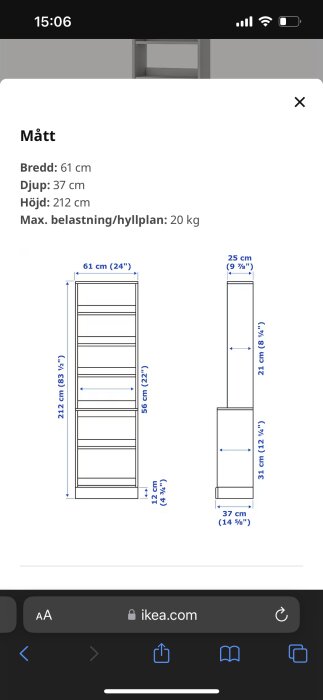 Teknisk ritning av en bokhylla med måttangivelser och maximal belastning, från IKEA.