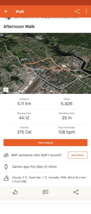 En skärmdump av en promenadaktivitet; visar rutt, distans, steg, tid, kaloriförbrukning, och väderinformation i Borlänge.