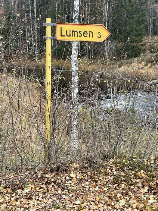 Gul skylt med texten "Lumsen 3", natur, träd, höstlöv, flod i bakgrunden.