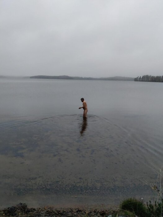 En person står i grått vatten vid en sjö, molnigt väder, stillsam natur, dämpade färger, reflektioner, ensamhet.