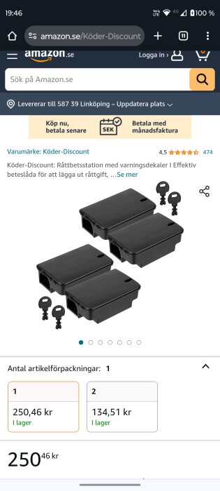 Skärmdump av Amazon.se, svarta råttbetesstationer med varningsdekaler, prisinformation och recensioner syns.