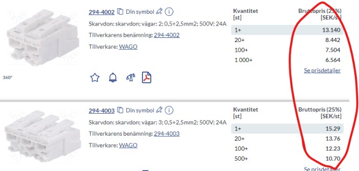 Produktlista för elektriska skarvdon med kvantitetsrabatt och bruttopriser i svenska kronor.