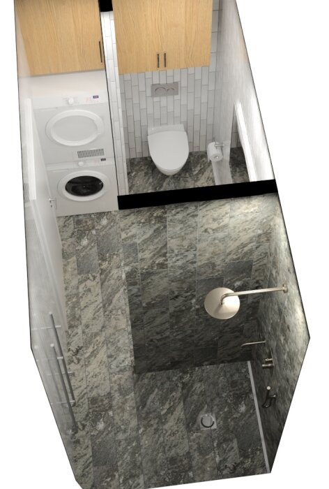 Toppvy av ett litet, modernt badrum med dusch, toalett och tvättmaskin, marmorgolv och vita kakelväggar.