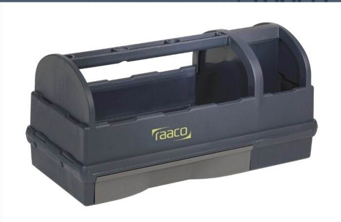 En tom mörkblå verktygslåda med märket "raaco" synlig på framsidan.