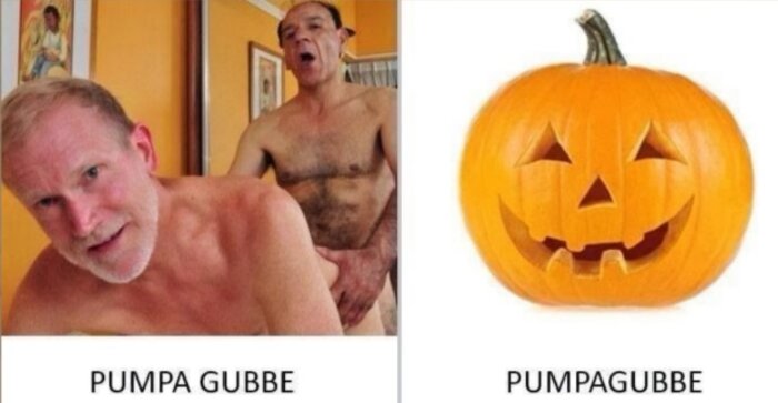 Två bilder, ordlek på svenska. Män poserar, pumpa med ansikte. Humoristiskt ordspel med "Pumpa gubbe" och "Pumpagubbe".