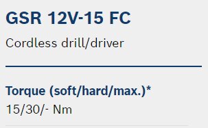 Specifikationer för en sladdlös borr/skruvdragare; modell GSR 12V-15 FC, vridmoment mjukt/hårt/max är 15/30/- Nm.