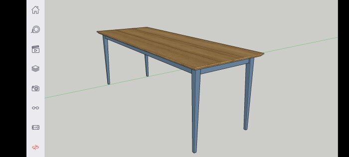 3D-modell av ett bord i designprogram, verktygsmenyn till vänster, grå bakgrund, gröna axelinjer.