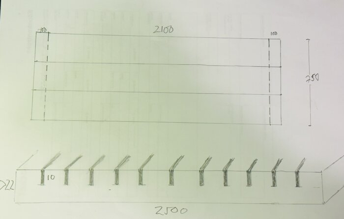 Teknisk ritning av en struktur, möjligen en hylla, med måttangivelser i millimeter.