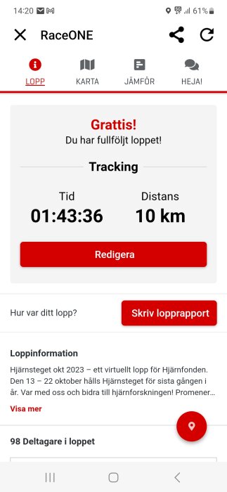 Skärmdump från RaceONE-appen visar avslutat virtuellt lopp på 10 km, tid 1:43:36.