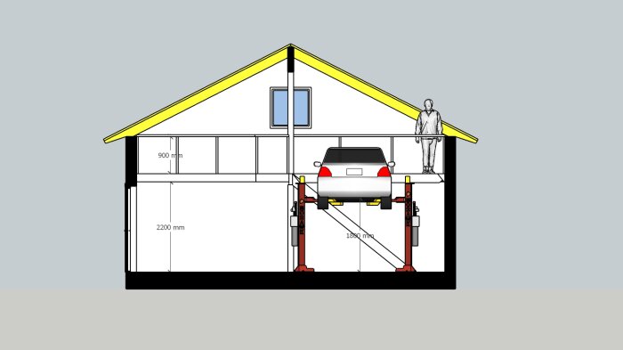 Sektionsritning av ett garage med bil på lyft och person, inkluderar måttindikationer.
