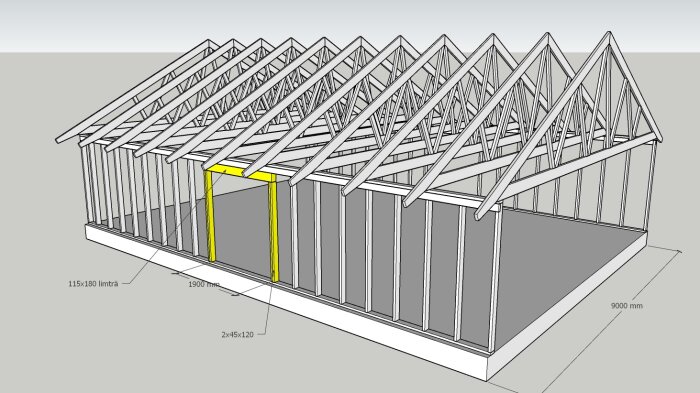 3D-ritning av stommen till en byggnad med måttangivelser, takstolar och väggstommar.