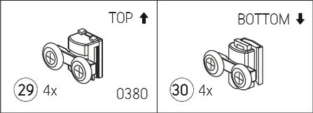 Illustration av LEGO-delar med hjul, visar topp- och bottenvy, beståndsdelsnummer och kvantiteter.