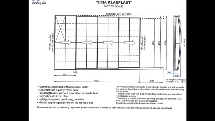 Teknisk ritning av glasparti, konstruktionsdetaljer, inte skalenlig, måttangivelser, installationsinstruktioner, svartvitt.