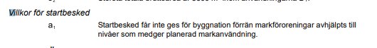 Textdokument, svenska, information om startbesked och markanvändning, svart text, vit bakgrund.