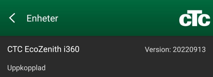 Digitalt gränssnitt för CTC EcoZenith i360, uppkopplad, version 20220913, modern teknik, värmeenhetssystem.