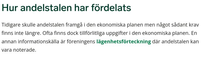 Text på svenska om andelstal i ekonomisk plan och lägenhetsförteckning för bostadsrättsföreningar.