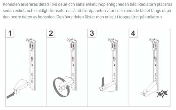 Bildinstruktioner för montering av en radiator; visas i fyra steg med komponenter och fästklick.