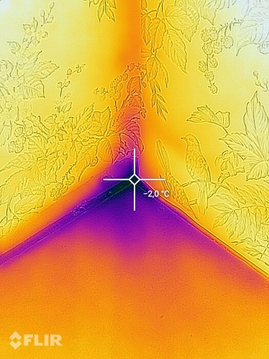 Termisk bild som visar värmefördelning, markerad med en kall punkt vid -2°C, färggraderingar indikerar temperaturvariationer.