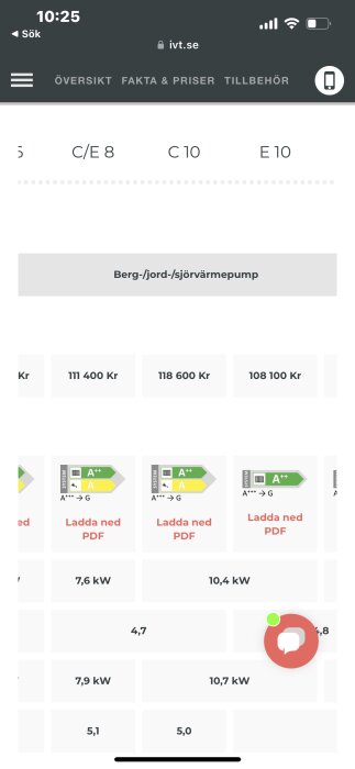 Mobilskärmsbild av en webbsida som visar jämförelse av värmepumpar med priser och energiklassificeringar.