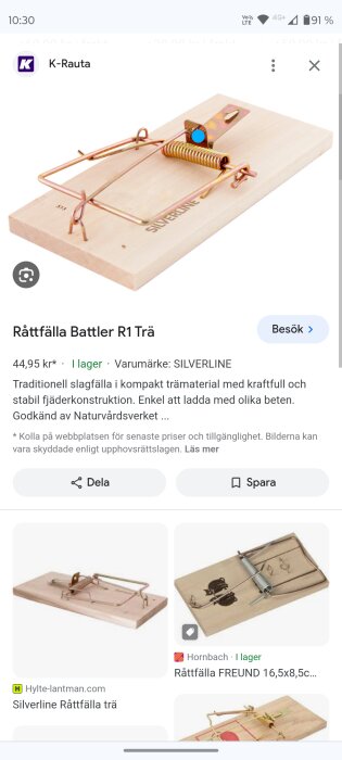 Traditionell trä råttfälla med metallfjäder och betesfäste, visas i en onlinebutik.