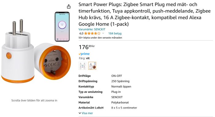 Zigbee smartplug, appkontroll, timer, vit, kompatibel med Alexa, Google Home.