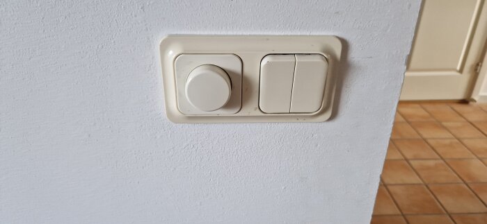 Vit väggströmbrytare och dimmer, dubbelram, kakelgolv i bakgrunden, inomhus, bostadsdetalj.