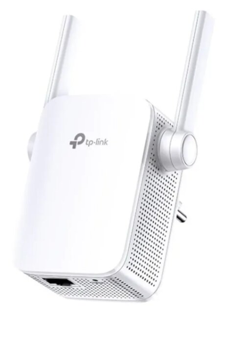 Trådlös TP-Link Wi-Fi-räckviddsförlängare med dubbla antenner och ethernetport på vit bakgrund.