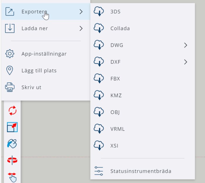 Bild på datorskärm med exportalternativ för olika filformat i en meny, pekare ovanför "Exportera".