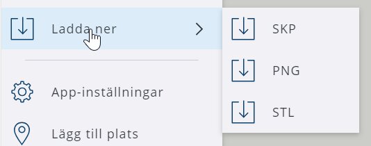 Datorgränssnitt visande nedladdningsalternativ med filformaten SKP, PNG och STL.