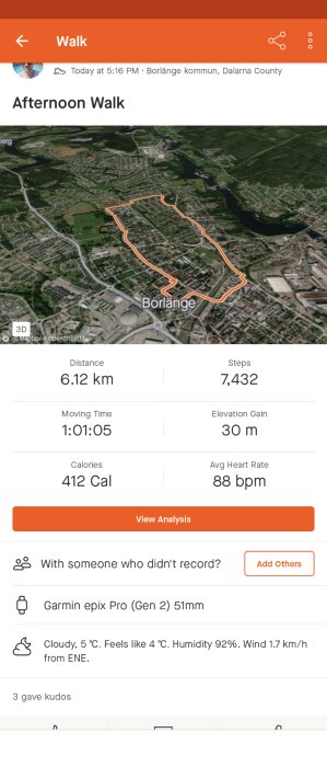 Skärmavbild av promenadsträcka och aktivitetsstatistik i Borlänge kommun, Dalarna, från en träningsapp.