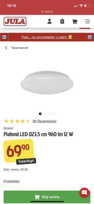 En skärmdump från en webbsida som visar en LED-plafond för försäljning med pris och kundrecensioner.