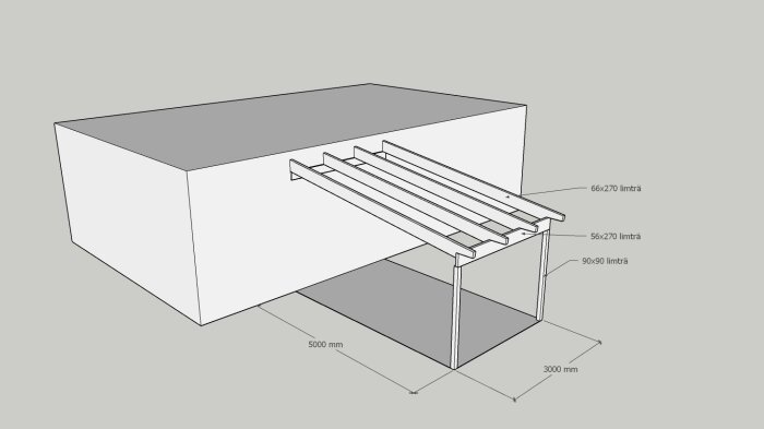 Teknisk ritning av en terrasstak med måttangivelser på en stor rektangulär struktur.