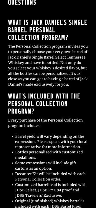 Text om Jack Daniel's Single Barrel Personal Collection Program, inkluderar personlig whiskeyflaska och tillbehör vid köp.