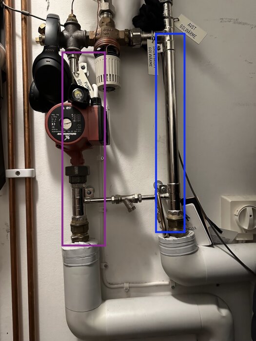 VVS-installation, pump, rör, ventiler, termostat, märkningar, vägg-fäst utrustning.