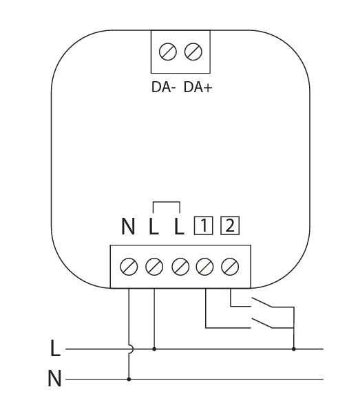 Elektrisk schematisk illustration av anslutningar, kanske för en elektrisk apparat eller komponent, med märkningar som "L", "N", "DA-" och "DA+".