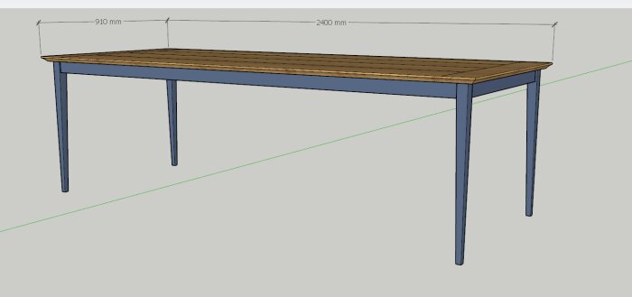 3D-modell av ett bord, dimensioner anges: längd 2400 mm, bredd 910 mm.