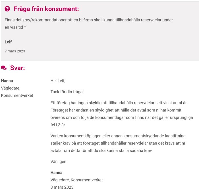 Skärmavbild av skriftväxling, konsumentfråga om reservdelar, svar från Konsumentverket, skrivet på svenska.