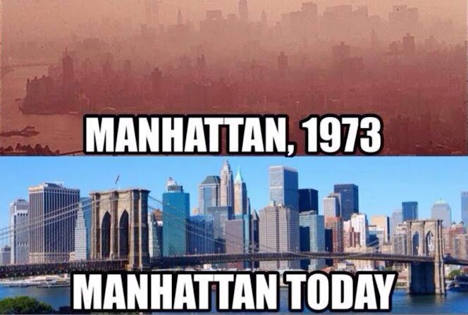 Jämförelse av Manhattan's skyline 1973 och idag, föroreningar kontra klar himmel och modern arkitektur.