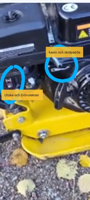Motordelar markerade, med text som beskriver "kanin och sköldpadda" samt "choke och bränslekran" på gul maskin.