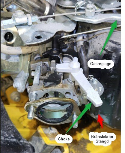 Motorcykelförgasare med märkta komponenter: gasreglage, choke och bränslekran i stängt läge.