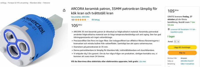 Blå och vit keramisk patron för kran, 35mm, erbjuden på nätbutik, produktinformation, recensioner, prisangivelse.