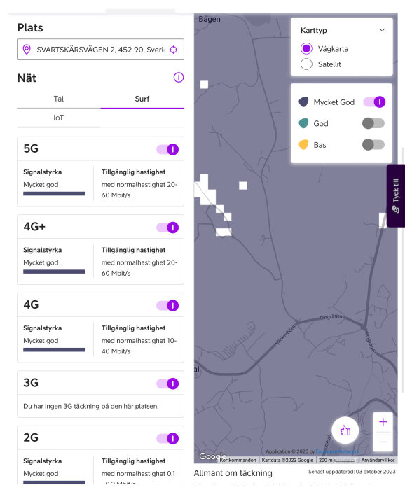 Mobilnät täckningskarta; visar hög signalstyrka för 5G, 4G+, och 2G, ingen 3G i Sverige.