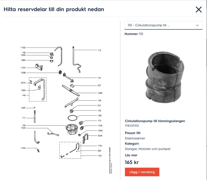 Skiss av reservdelar, markerad cirkulationspump för diskmaskin, prisinformation, inköpsknapp.