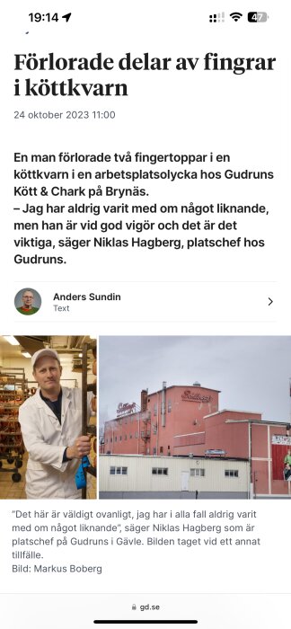 Artikel om arbetsolycka där man förlorat fingertoppar. Innehåller bild på fabrik och person i arbetskläder.