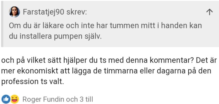 Skärmdump av en social media-dialog där en person föreslår självinstallation av en pump om läkare.