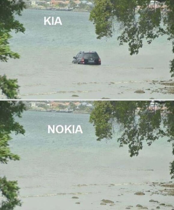 Bil fast i vatten märkt "KIA", tomma vatten märkt "NOKIA". Mem med varumärkesrelaterad humor.